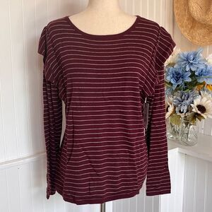 a.n.a Burgundy & Grey Striped Sweater Long Sleeve Ruffle.